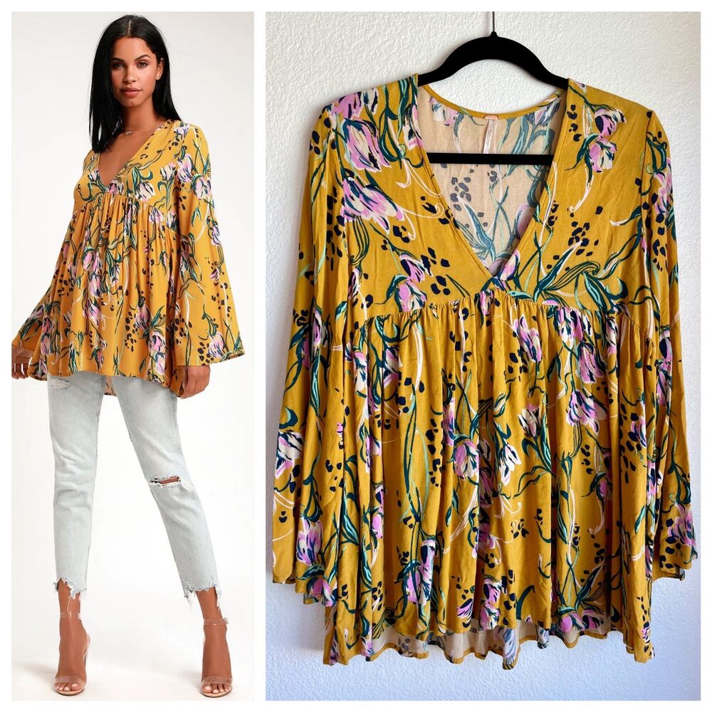 NWOT Free People Bella Golden Yellow Floral Print Tunic or Babydoll Dress Size S